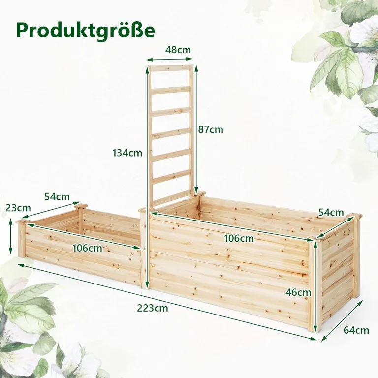 COSTWAY Hochbeet mit Rankgitter, Blumenkasten mit Spalier, Pflanzkasten aus Tannenholz, Gartenspalier mit Rankkasten, Blumenkübel für Kletterpflanze Balkon Garten Terrasse, Natur, 223x64x134 cm – Bild 5