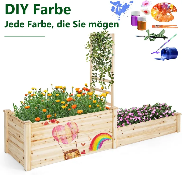 COSTWAY Hochbeet mit Rankgitter, Blumenkasten mit Spalier, Pflanzkasten aus Tannenholz, Gartenspalier mit Rankkasten, Blumenkübel für Kletterpflanze Balkon Garten Terrasse, Natur, 223x64x134 cm – Bild 7