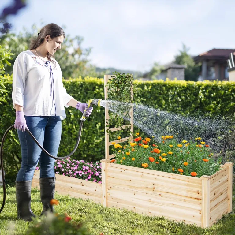 COSTWAY Hochbeet mit Rankgitter, Blumenkasten mit Spalier, Pflanzkasten aus Tannenholz, Gartenspalier mit Rankkasten, Blumenkübel für Kletterpflanze Balkon Garten Terrasse, Natur, 223x64x134 cm – Bild 8