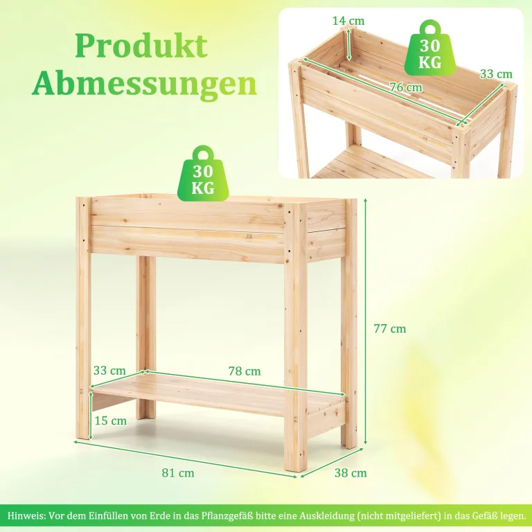 COSTWAY Hochbeet mit Ablage, Erhöhtes Gartenbeet aus Holz, Pflanzkasten mit Drainagefächern, Gemüsebeet Kräuterbeet groß, für Balkon Garten Terrasse, 81 x 38 x 77 cm, Natur – Bild 2