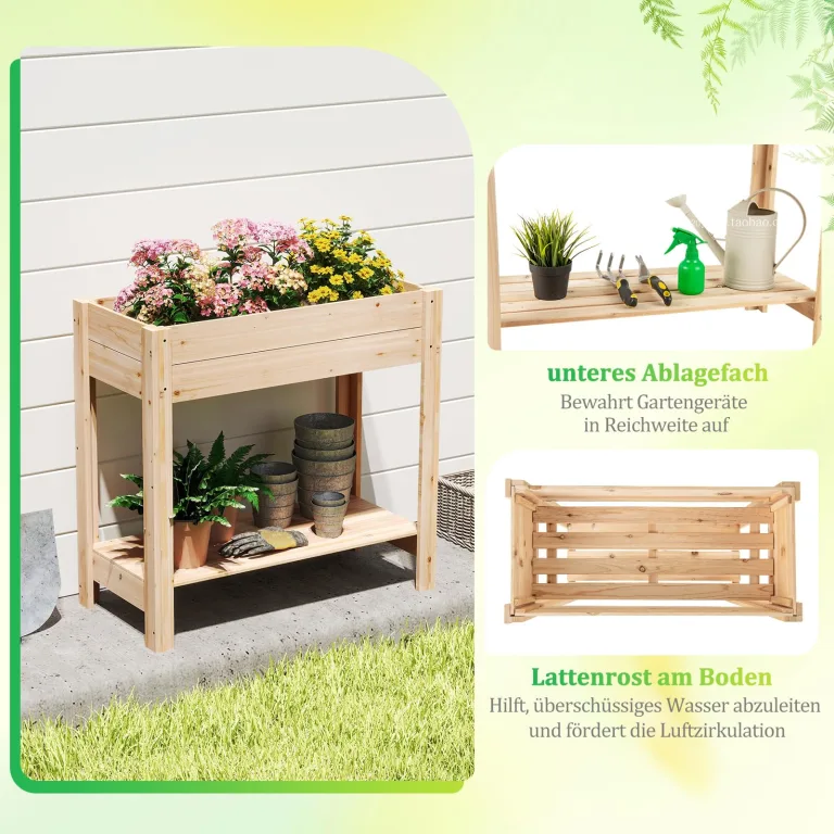 COSTWAY Hochbeet mit Ablage, Erhöhtes Gartenbeet aus Holz, Pflanzkasten mit Drainagefächern, Gemüsebeet Kräuterbeet groß, für Balkon Garten Terrasse, 81 x 38 x 77 cm, Natur – Bild 4