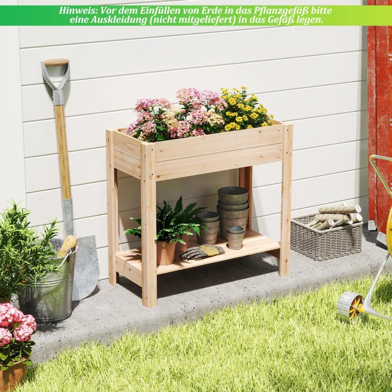 COSTWAY Hochbeet mit Ablage, Erhöhtes Gartenbeet aus Holz, Pflanzkasten mit Drainagefächern, Gemüsebeet Kräuterbeet groß, für Balkon Garten Terrasse, 81 x 38 x 77 cm, Natur – Bild 7