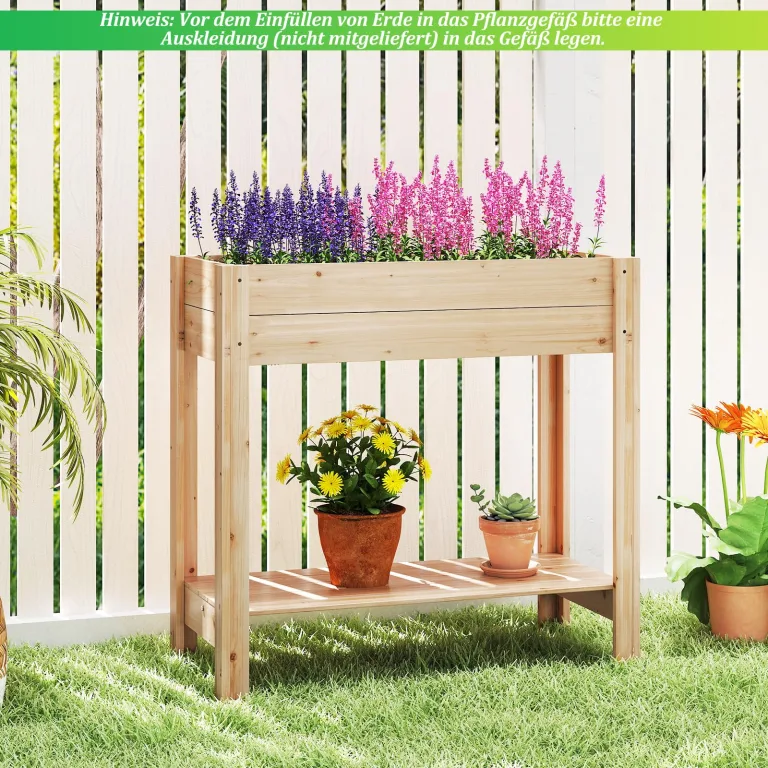 COSTWAY Hochbeet mit Ablage, Erhöhtes Gartenbeet aus Holz, Pflanzkasten mit Drainagefächern, Gemüsebeet Kräuterbeet groß, für Balkon Garten Terrasse, 81 x 38 x 77 cm, Natur – Bild 8