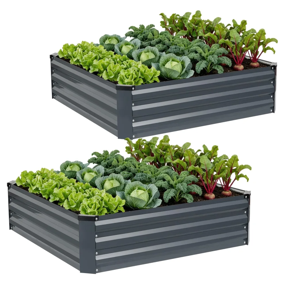 WILLOW WEAVE Satz aus 2 Hochbeeten für Garten, verzinkte Stahl-Planter im Freien zum Anpflanzen von Gemüse, Blumen und Kräutern, 120x120x30 cm, Grau