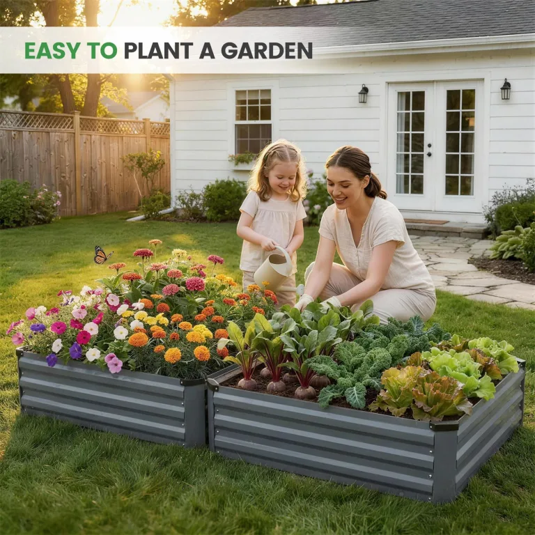 WILLOW WEAVE Satz aus 2 Hochbeeten für Garten, verzinkte Stahl-Planter im Freien zum Anpflanzen von Gemüse, Blumen und Kräutern, 120x120x30 cm, Grau – Bild 7