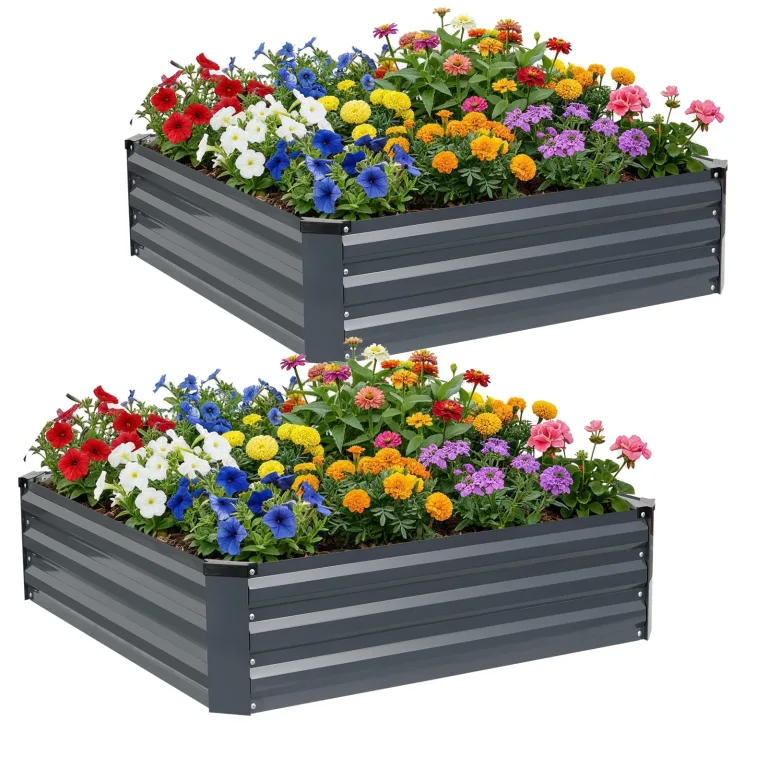 WILLOW WEAVE Satz aus 2 Hochbeeten für Garten, verzinkte Stahl-Planter im Freien zum Anpflanzen von Gemüse, Blumen und Kräutern, 120x120x30 cm, Grau – Bild 9