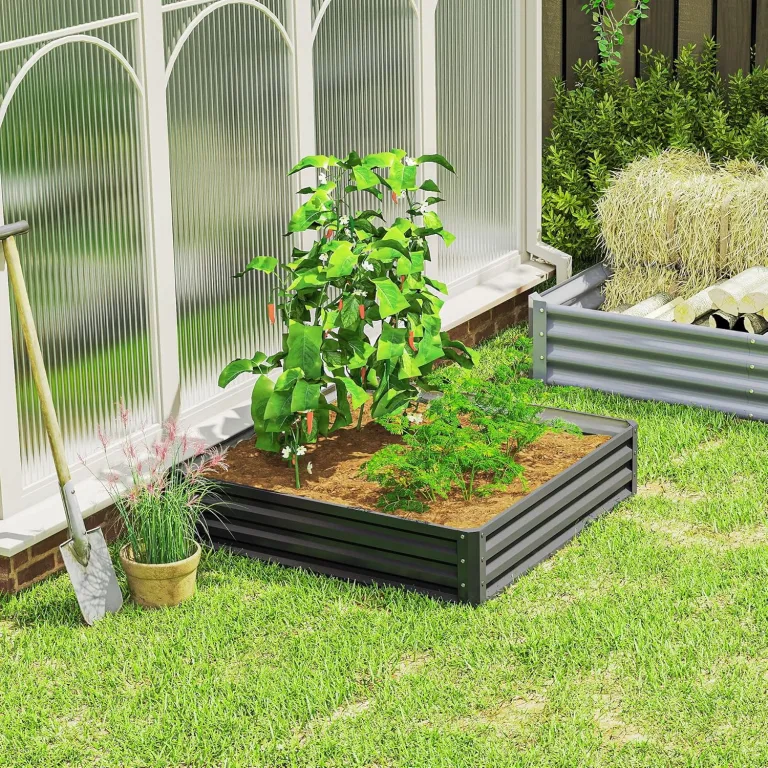 Outsunny Hochbeet, Blumenkasten, Gemüsebeet, Pflanzkasten, Kräuterbeet für Garten, Terrasse, Balkon, Stahl, Hellgrau, 120 x 120 x 30 cm – Bild 8