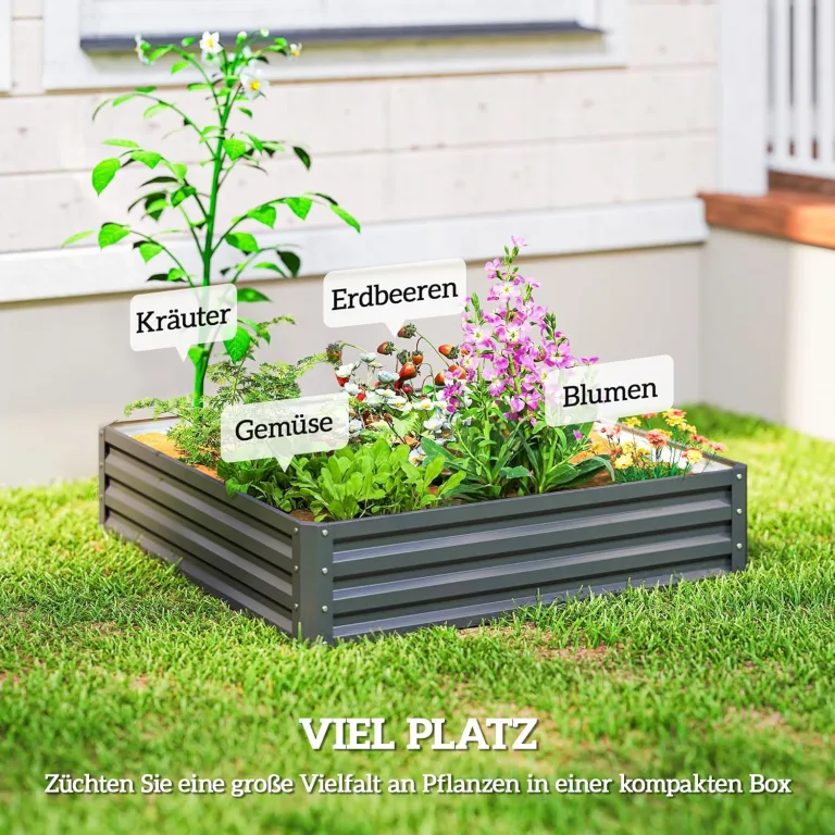 Outsunny Hochbeet, Blumenkasten, Gemüsebeet, Pflanzkasten, Kräuterbeet für Garten, Terrasse, Balkon, Stahl, Hellgrau, 120 x 120 x 30 cm – Bild 3