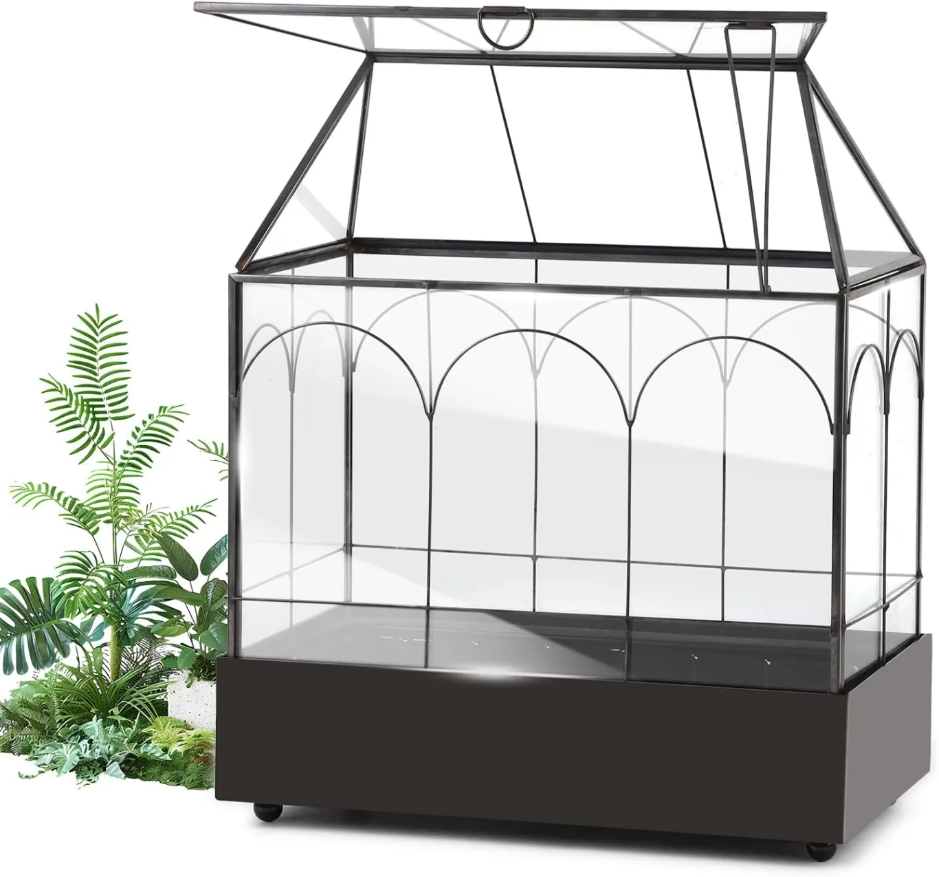 Mini Gewächshaus Fensterbank Glas mit Auffangschale 24,2 x 14,7 x 29 cm Pflanzenterrarium Klein Flaschengarten DIY (Keine Pflanzen enthalten) Deko für Sukkulenten, Kakteen - Bild 1
