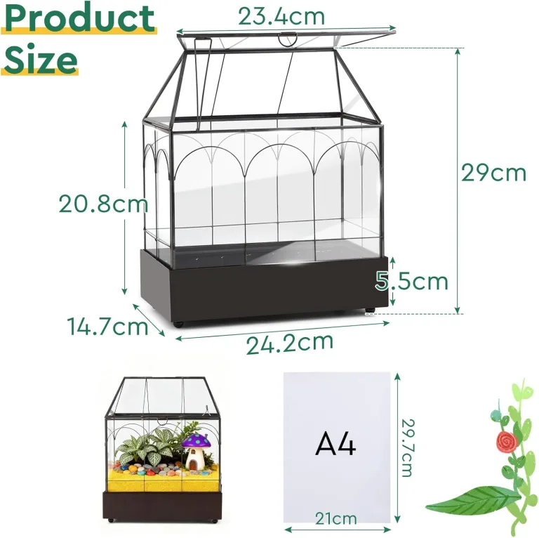 Mini Gewächshaus Fensterbank Glas mit Auffangschale 24,2 x 14,7 x 29 cm Pflanzenterrarium Klein Flaschengarten DIY (Keine Pflanzen enthalten) Deko für Sukkulenten, Kakteen – Bild 2