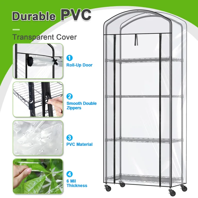 4-stöckiges Gewächshaus mit Rädern, höhenverstellbare Ablagen, Metall-Pflanzenregal mit PVC-Abdeckung für Saatanfangschalen, Sämlingstöpfe, Pflanztöpfe, 33 x 73,7 x 185,4 cm – Bild 5