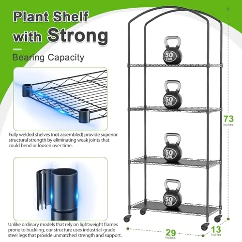 4-stöckiges Gewächshaus mit Rädern, höhenverstellbare Ablagen, Metall-Pflanzenregal mit PVC-Abdeckung für Saatanfangschalen, Sämlingstöpfe, Pflanztöpfe, 33 x 73,7 x 185,4 cm – Bild 9
