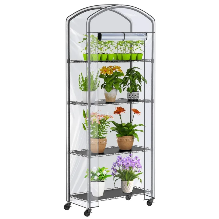 4-stöckiges Gewächshaus mit Rädern, höhenverstellbare Ablagen, Metall-Pflanzenregal mit PVC-Abdeckung für Saatanfangschalen, Sämlingstöpfe, Pflanztöpfe, 33 x 73,7 x 185,4 cm – Bild 1