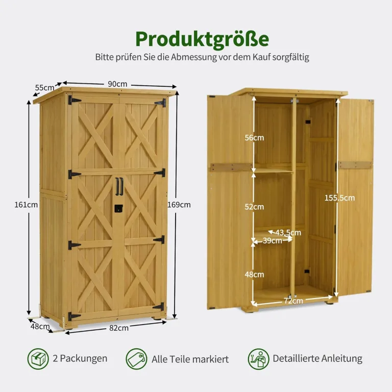 M MCombo Gartenschrank Holz, Gartenhaus Klein Wetterfest, Outdoor Gerätehaus Geräteschuppen, für Außenbereich Balkon Terrasse, 0878-F (Natur) – Bild 3