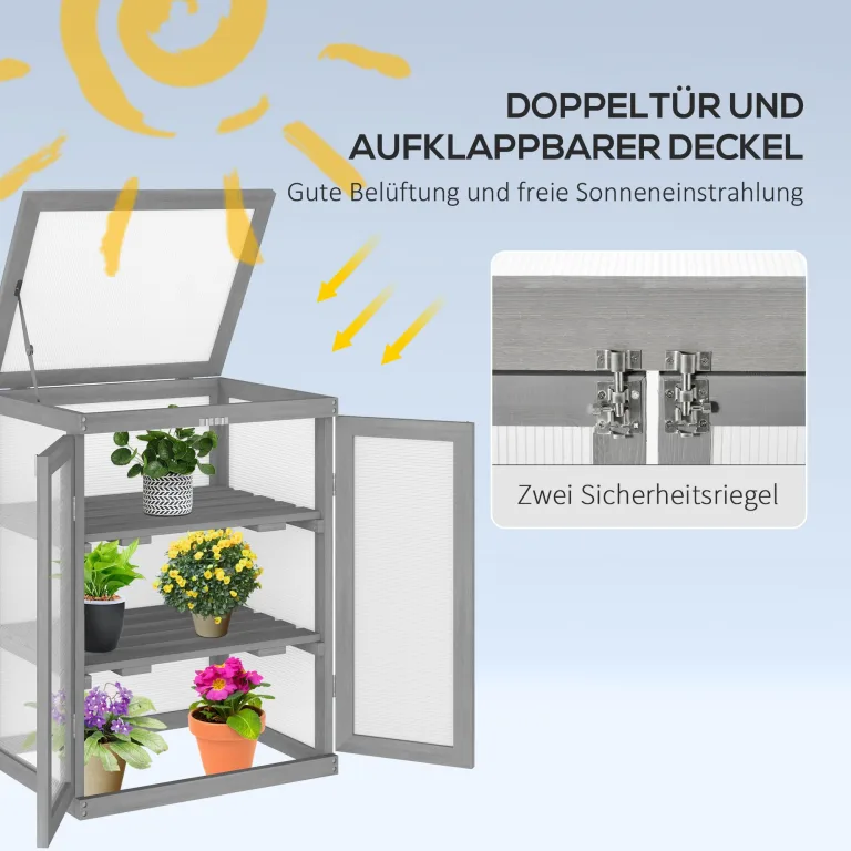 Outsunny 3 Stufen Gewächshaus Treibhaus Frühbeet mit Zwei Türen Frühbeetkasten aus Polycarbonat und Holz wetterfest Belastbar bis 15 kg(je Einlegeboden) 58 x 44 x 78 cm Dunkelgrau – Bild 4