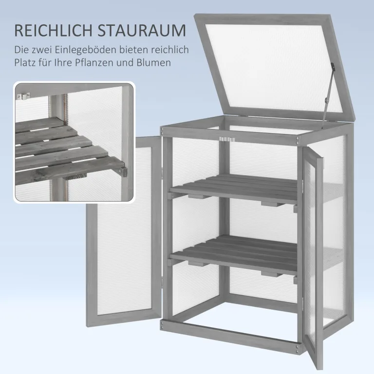 Outsunny 3 Stufen Gewächshaus Treibhaus Frühbeet mit Zwei Türen Frühbeetkasten aus Polycarbonat und Holz wetterfest Belastbar bis 15 kg(je Einlegeboden) 58 x 44 x 78 cm Dunkelgrau – Bild 5