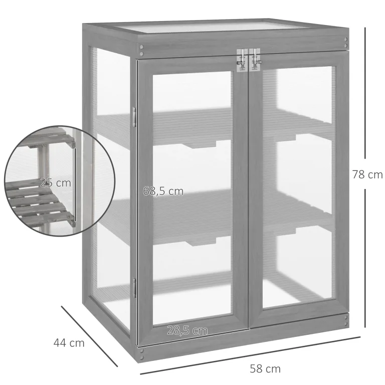 Outsunny 3 Stufen Gewächshaus Treibhaus Frühbeet mit Zwei Türen Frühbeetkasten aus Polycarbonat und Holz wetterfest Belastbar bis 15 kg(je Einlegeboden) 58 x 44 x 78 cm Dunkelgrau – Bild 7