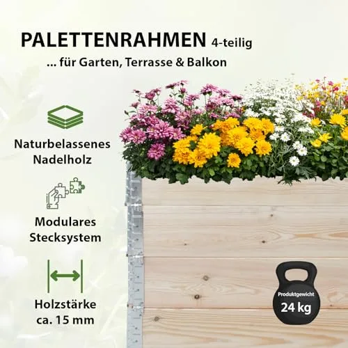 TRUTZHOLM Hochbeet aus Holz 120x80x80 cm Palettenrahmen 4-teilig stapelbar steckbar faltbar Pflanzbeet Beeteinfassung Holzrahmen Aufsatzrahmen für Europalette Garten Balkon Terrasse in Natur – Bild 10
