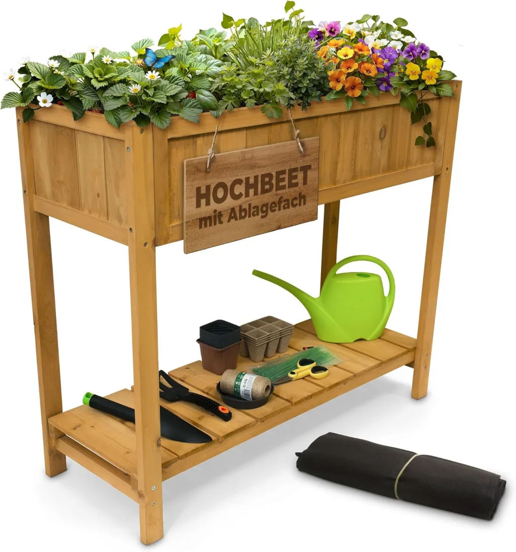 STREND PRO Hochbeet Balkon | 76cm(h) x 33cm(b) x 89(l) | Gemüsebeet Holz mit Ablage & wasserdichter Pflanzfolie | Kleines Hochbeet Schmales ideal für Balkon, Terrasse & Garten | Kräuterbeet