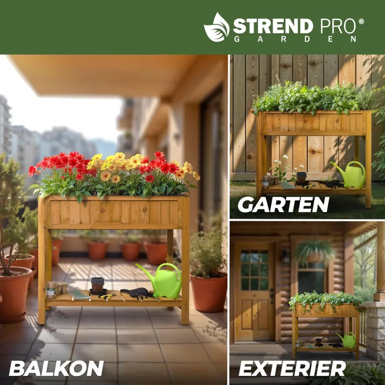 STREND PRO Hochbeet Balkon | 76cm(h) x 33cm(b) x 89(l) | Gemüsebeet Holz mit Ablage & wasserdichter Pflanzfolie | Kleines Hochbeet Schmales ideal für Balkon, Terrasse & Garten | Kräuterbeet – Bild 2