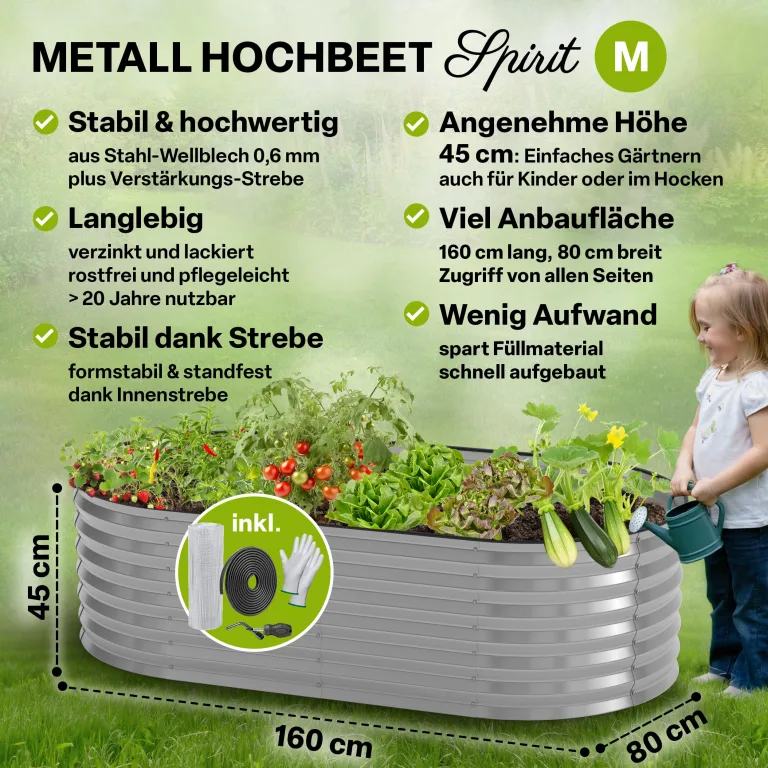 TTL GARDEN 160x80x45cm Spirit M Metall Hochbeet Silber - Stahl rostfrei verzinkt Wellblech ovale Form sehr groß stabil & wetterfest Garten Beet für Gemüse Kräuter Blumen Gartenbeet Gemüsebeet – Bild 2