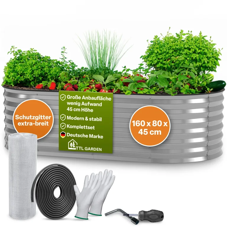 TTL GARDEN 160x80x45cm Spirit M Metall Hochbeet Silber - Stahl rostfrei verzinkt Wellblech ovale Form sehr groß stabil & wetterfest Garten Beet für Gemüse Kräuter Blumen Gartenbeet Gemüsebeet – Bild 1