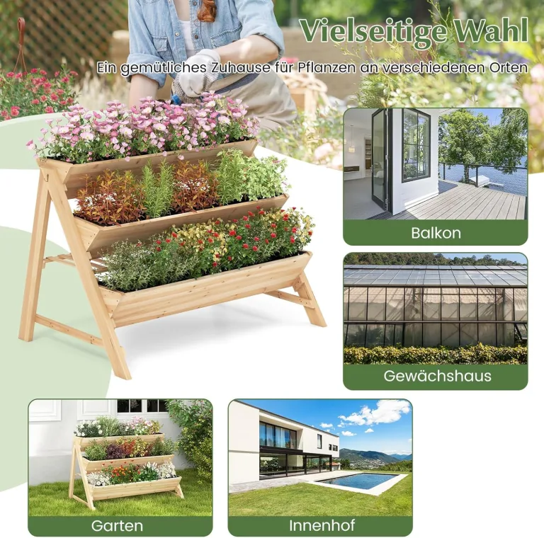 COSTWAY 3 stufiges Hochbeet Holz, Pflanzenbeet mit Ablage, 2 Haken & 3 Pflanzfolien, Kräuterbeet mit 3 Blumenkästen, Gartenbeet für Garten Terrasse Balkon, Etagenbeet Vertikalbeet, Natur – Bild 7