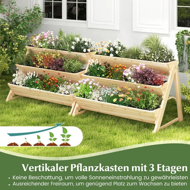 COSTWAY 3 stufiges Hochbeet Holz, Pflanzenbeet mit Ablage, 2 Haken & 3 Pflanzfolien, Kräuterbeet mit 3 Blumenkästen, Gartenbeet für Garten Terrasse Balkon, Etagenbeet Vertikalbeet, Natur – Bild 2