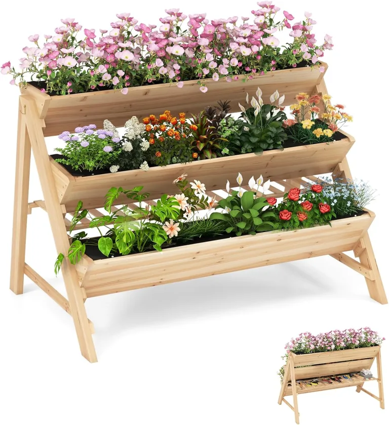 COSTWAY 3 stufiges Hochbeet Holz, Pflanzenbeet mit Ablage, 2 Haken & 3 Pflanzfolien, Kräuterbeet mit 3 Blumenkästen, Gartenbeet für Garten Terrasse Balkon, Etagenbeet Vertikalbeet, Natur – Bild 1