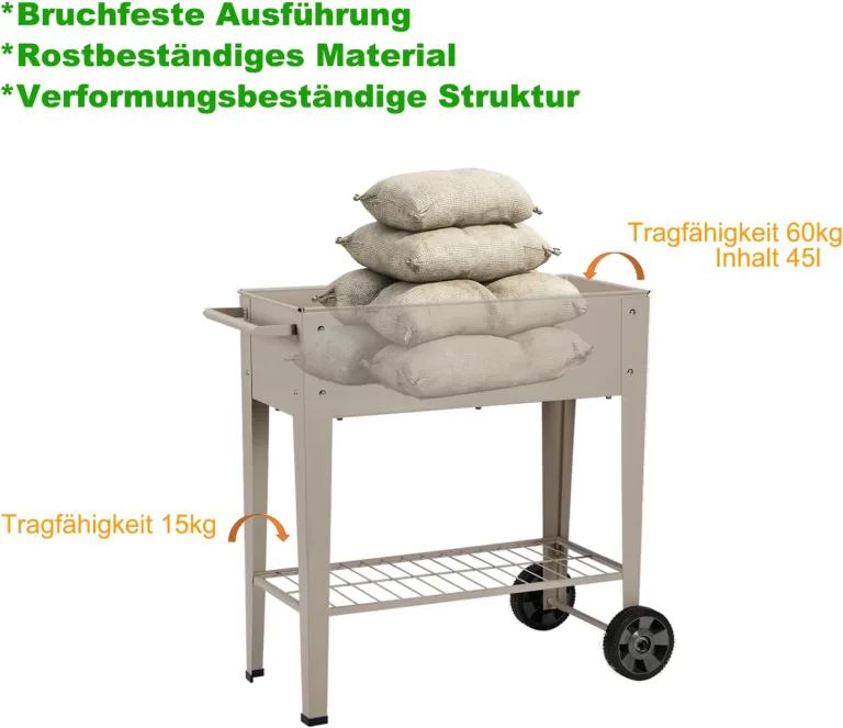 Hochbeet Metall mit Rädern und Ablage 84.5 x45x80cm, Blumenkasten Frühbeet Kräuterbeet Pflanzenbeet, Gemüsebeet Gartenbeet Blumenkübel für Balkon，Garten，Terrasse Grau – Bild 7