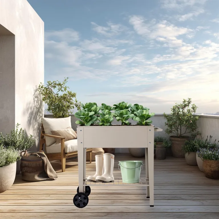 Hochbeet Metall mit Rädern und Ablage 84.5 x45x80cm, Blumenkasten Frühbeet Kräuterbeet Pflanzenbeet, Gemüsebeet Gartenbeet Blumenkübel für Balkon，Garten，Terrasse Grau – Bild 8