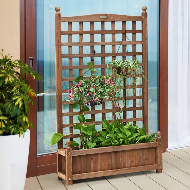 COSTWAY Blumenkasten mit Rankgitter, Pflanzkasten Holz für Kletterpflanzen, Pflanzkübel mit Sichtschutz, Hochbeet mit Spalier & Drainagelöchern, für Garten Hof Balkon, 64,5 x 28 x 120 cm, Braun – Bild 8