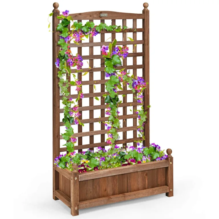 COSTWAY Blumenkasten mit Rankgitter, Pflanzkasten Holz für Kletterpflanzen, Pflanzkübel mit Sichtschutz, Hochbeet mit Spalier & Drainagelöchern, für Garten Hof Balkon, 64,5 x 28 x 120 cm, Braun – Bild 1