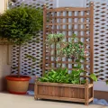 COSTWAY Blumenkasten mit Rankgitter, Pflanzkasten Holz für Kletterpflanzen, Pflanzkübel mit Sichtschutz, Hochbeet mit Spalier & Drainagelöchern, für Garten Hof Balkon, 64,5 x 28 x 120 cm, Braun - Thumbnail 9