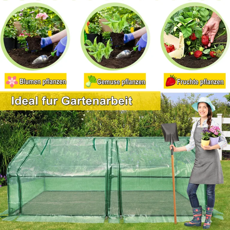 Kleines Gewächshaus 140g/m² HDPE 180x90x90cm Mini Gewächshaus Mit 2 Rollladen Regenschutz UV-beständig Frostbeständig für Garten Balkon (Grün) – Bild 3