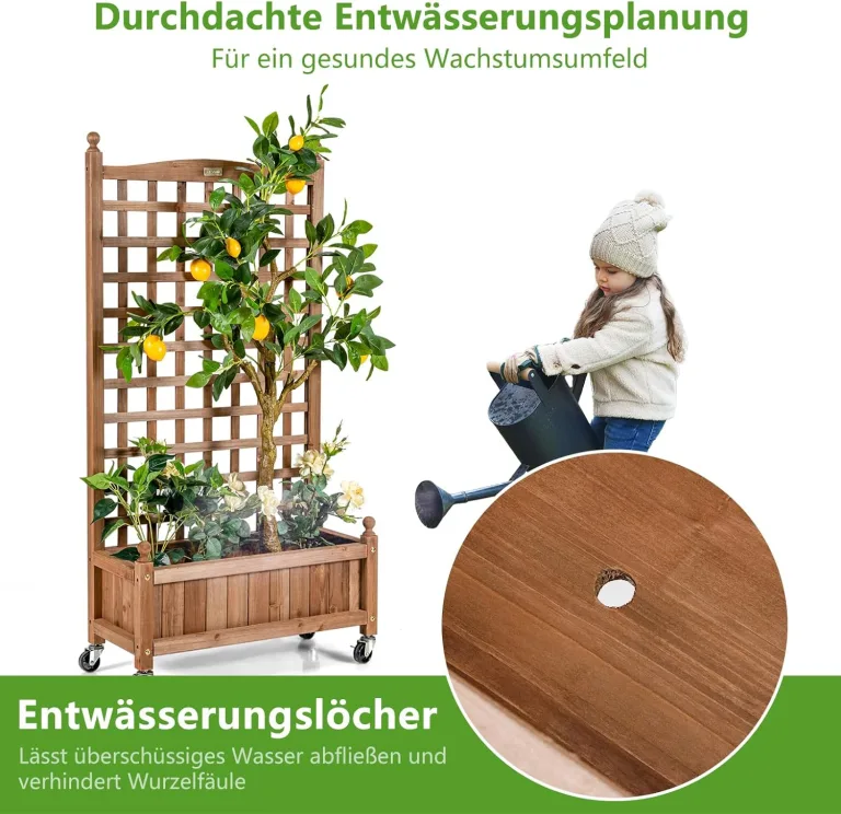 COSTWAY Blumenkasten mit Rankgitter, Pflanzkasten Holz auf Rollen, für Kletterpflanzen, Hochbeet mit Spalier, Gartenspalier mit Drainagelöchern, für Garten Hof Balkon, 64 x 28 x 127 cm, Braun – Bild 5