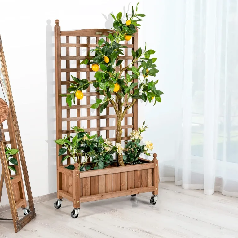 COSTWAY Blumenkasten mit Rankgitter, Pflanzkasten Holz auf Rollen, für Kletterpflanzen, Hochbeet mit Spalier, Gartenspalier mit Drainagelöchern, für Garten Hof Balkon, 64 x 28 x 127 cm, Braun – Bild 8
