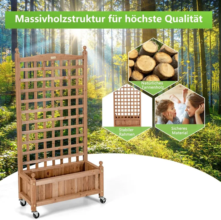 COSTWAY Blumenkasten mit Rankgitter, Pflanzkasten Holz auf Rollen, für Kletterpflanzen, Hochbeet mit Spalier, Gartenspalier mit Drainagelöchern, für Garten Hof Balkon, 64 x 28 x 127 cm, Braun – Bild 3