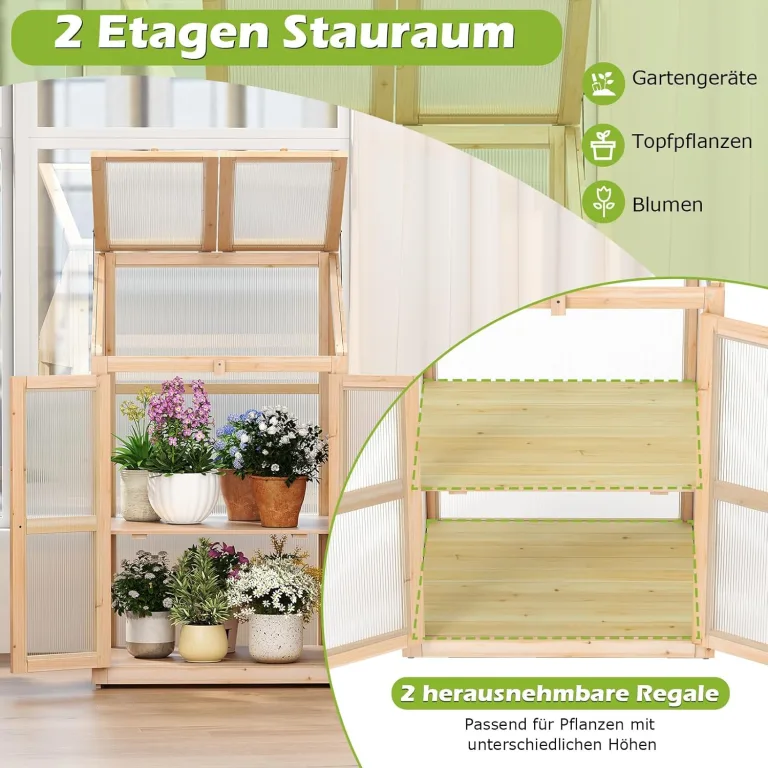 COSTWAY 2 Etagen Frühbeet, aus Holz & PC, Hochbeet wetterfest, Gewächshaus mit 2 Türen, Deckel & abnehmbaren Regalen, Pflanzenbeet Aufzuchtschrank Treibhaus, für Garten Balkon, 69 x 58 x 121 cm, Natur – Bild 4