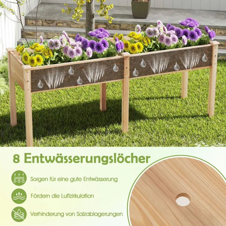 COSTWAY Hochbeet Holz Dual, Erhöhtes Gartenbeet, Pflanzkasten mit Trennwand & Drainagelöchern, Gemüsebeet Pflanzbeet rechteckig, Kräuterbeet für Balkon Garten Terrasse, 184 x 58 x 77 cm (Natur) – Bild 4
