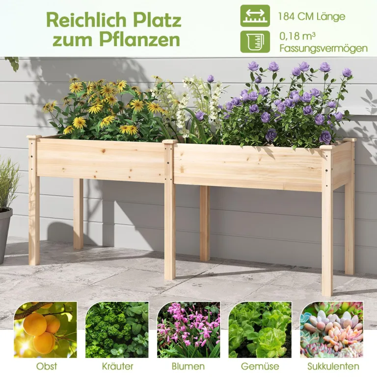 COSTWAY Hochbeet Holz Dual, Erhöhtes Gartenbeet, Pflanzkasten mit Trennwand & Drainagelöchern, Gemüsebeet Pflanzbeet rechteckig, Kräuterbeet für Balkon Garten Terrasse, 184 x 58 x 77 cm (Natur) – Bild 7