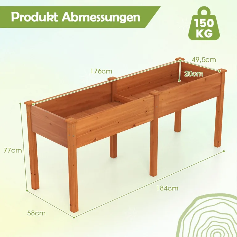 COSTWAY Hochbeet Holz Dual, Erhöhtes Gartenbeet, Pflanzkasten mit Trennwand & Drainagelöchern, Gemüsebeet Pflanzbeet rechteckig, Kräuterbeet für Balkon Garten Terrasse, 184 x 58 x 77 cm (Braun) – Bild 3