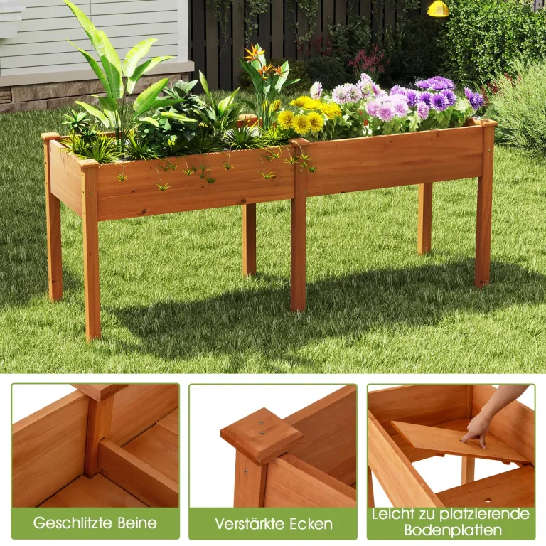 COSTWAY Hochbeet Holz Dual, Erhöhtes Gartenbeet, Pflanzkasten mit Trennwand & Drainagelöchern, Gemüsebeet Pflanzbeet rechteckig, Kräuterbeet für Balkon Garten Terrasse, 184 x 58 x 77 cm (Braun) – Bild 8