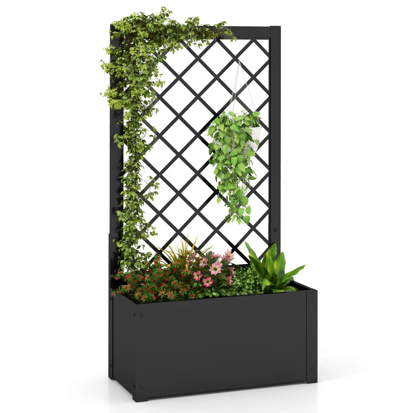 COSTWAY Blumenkasten mit Rankgitter, Pflanzkasten für Kletterpflanzen, Hochbeet mit Spalier, Blumenkübel für Garten Balkon Sichtschutz, Gartenspalier Metall, 63x31x112 cm, Schwarz - Bild 1