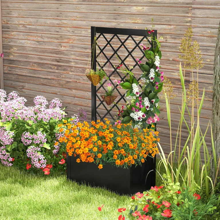 COSTWAY Blumenkasten mit Rankgitter, Pflanzkasten für Kletterpflanzen, Hochbeet mit Spalier, Blumenkübel für Garten Balkon Sichtschutz, Gartenspalier Metall, 63x31x112 cm, Schwarz – Bild 2