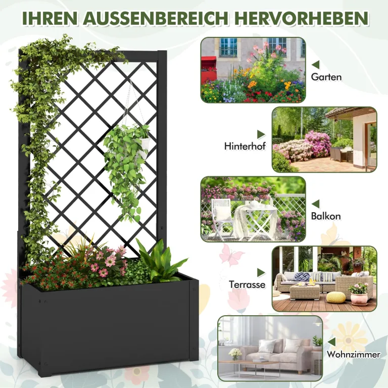 COSTWAY Blumenkasten mit Rankgitter, Pflanzkasten für Kletterpflanzen, Hochbeet mit Spalier, Blumenkübel für Garten Balkon Sichtschutz, Gartenspalier Metall, 63x31x112 cm, Schwarz – Bild 5