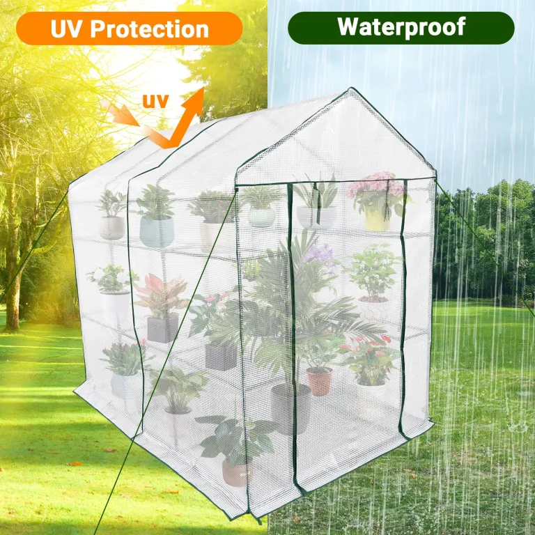 Gewächshaus 143x215x195Cm, Tomatengewächshaus Foliengewächshaus, Tomaten Gewächshaus Balkon Greenhouse Tomatenhaus Mit Rahmen Aus Verzinktem Stahl & Pe Gitterfolie, Treibhaus Für Garten Aufzucht, Weiß – Bild 5