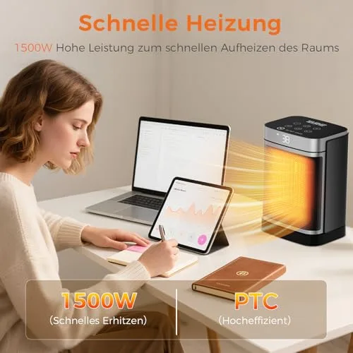 YASHE Heizlüfter Energiesparend 1500W Heizung Elektrisch mit Fernbedienung, Thermostat PTC-Keramik Heizung 70° Oszillierend 24-Std-Timer Überhitzungs-Kippschutz Kindersicherung – Bild 9