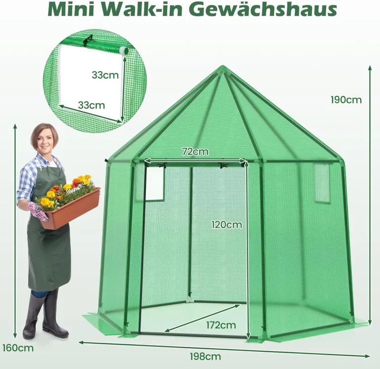 COSTWAY Gewächshaus, Treibhaus mit Allwetter-PE-Abdeckung, Rolltür und Fenster, Foliengewächshaus Tomatengewächshaus Tomatenhaus, Pflanzenhaus für Tomaten & Topfpflanzen, 198 x 172 x 190 cm, Grün – Bild 7