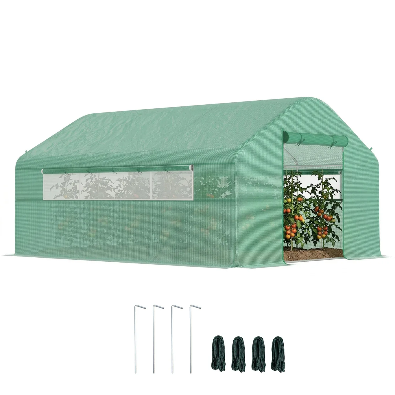 Outsunny Gartengewächshaus 12 m², 4 x 3 x 2 m Garten-Tunnelgewächshaus mit Rolltüren und großen Netzfenstern, Gewächshaus aus verzinktem Stahl und UV-beständigem PE mit hoher Dichte 140 g/m², grün - Bild 1